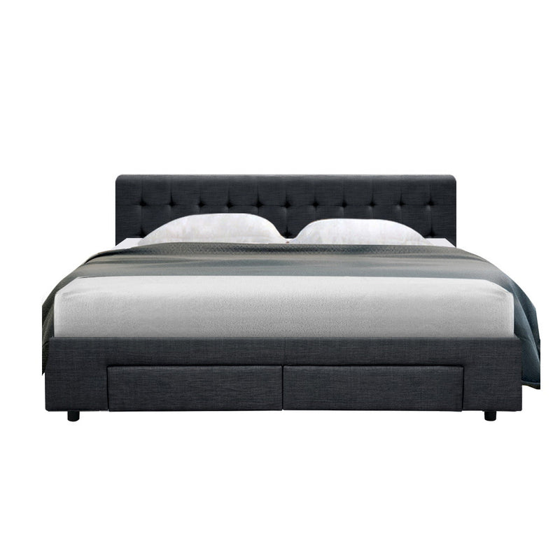 Artiss King Size Fabric Bed Frame Headboard with Drawers - Charcoal