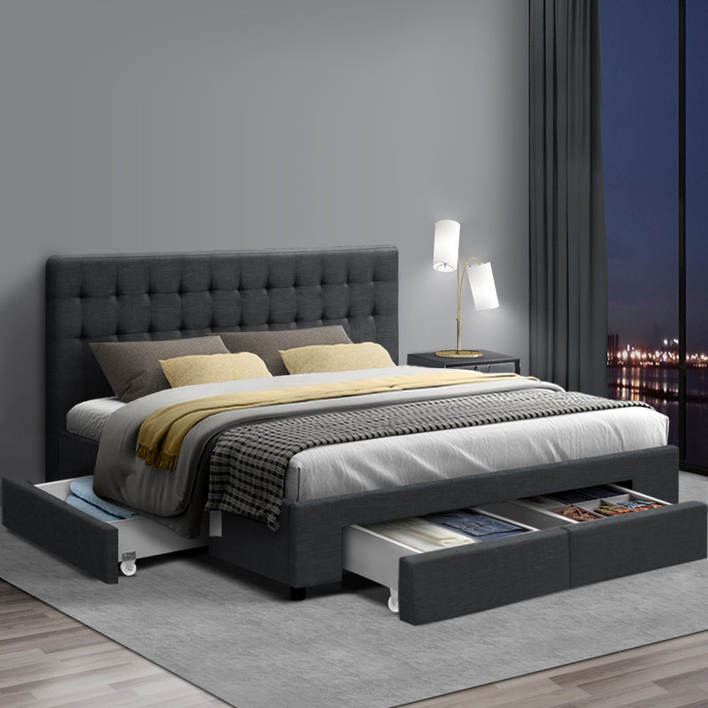 Artiss King Size Fabric Bed Frame Headboard with Drawers - Charcoal