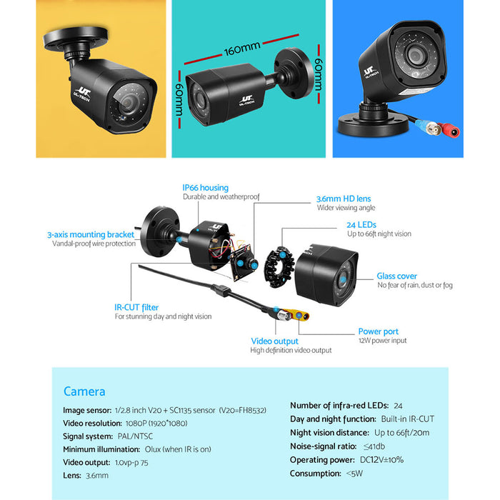 UL-tech Home CCTV Security System Camera 4CH DVR 1080P 1500TVL 1TB Outdoor Home