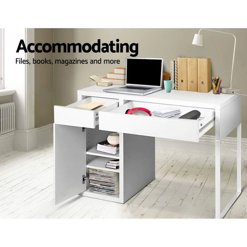 Artiss Metal Computer Office Desk With Storage Cabinets - White