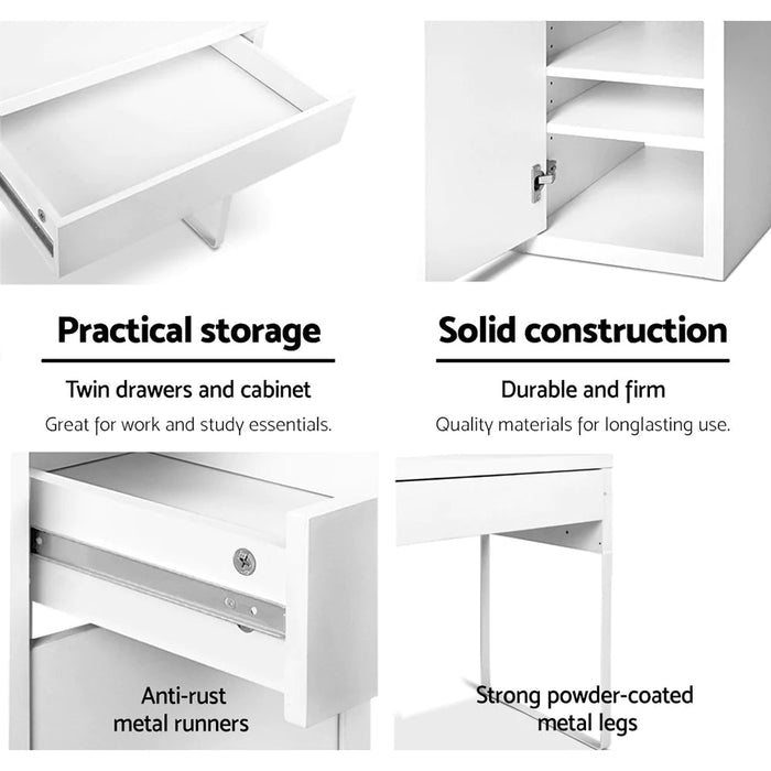 Artiss Metal Computer Office Desk With Storage Cabinets - White