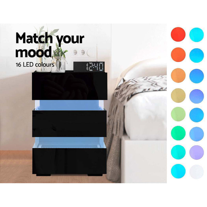 Artiss Bedside Table Side Unit RGB LED Lamp 3 Drawers Nightstand Gloss Furniture