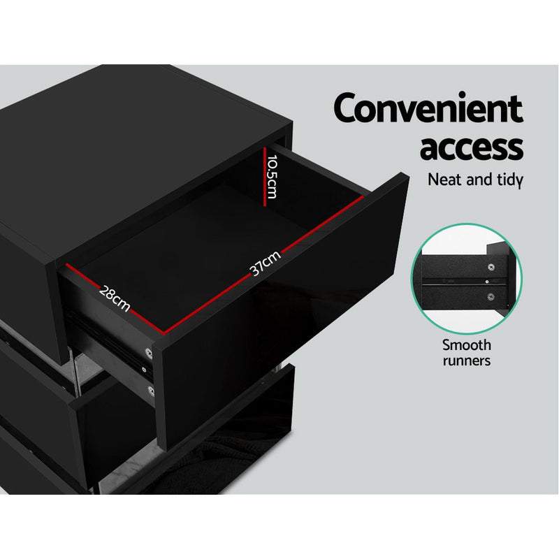 Artiss Bedside Table Side Unit RGB LED Lamp 3 Drawers Nightstand Gloss Furniture