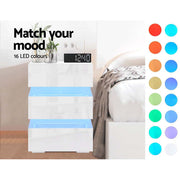 Artiss Bedside Table Side Unit RGB LED Lamp 3 Drawers Nightstand Gloss Furniture