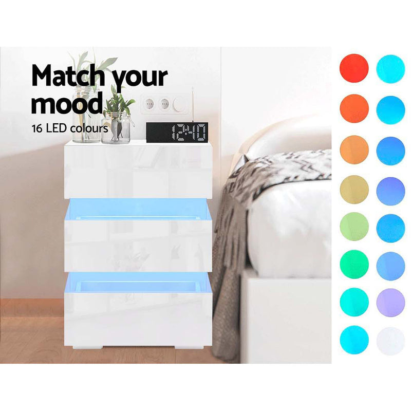 Artiss Bedside Table Side Unit RGB LED Lamp 3 Drawers Nightstand Gloss Furniture