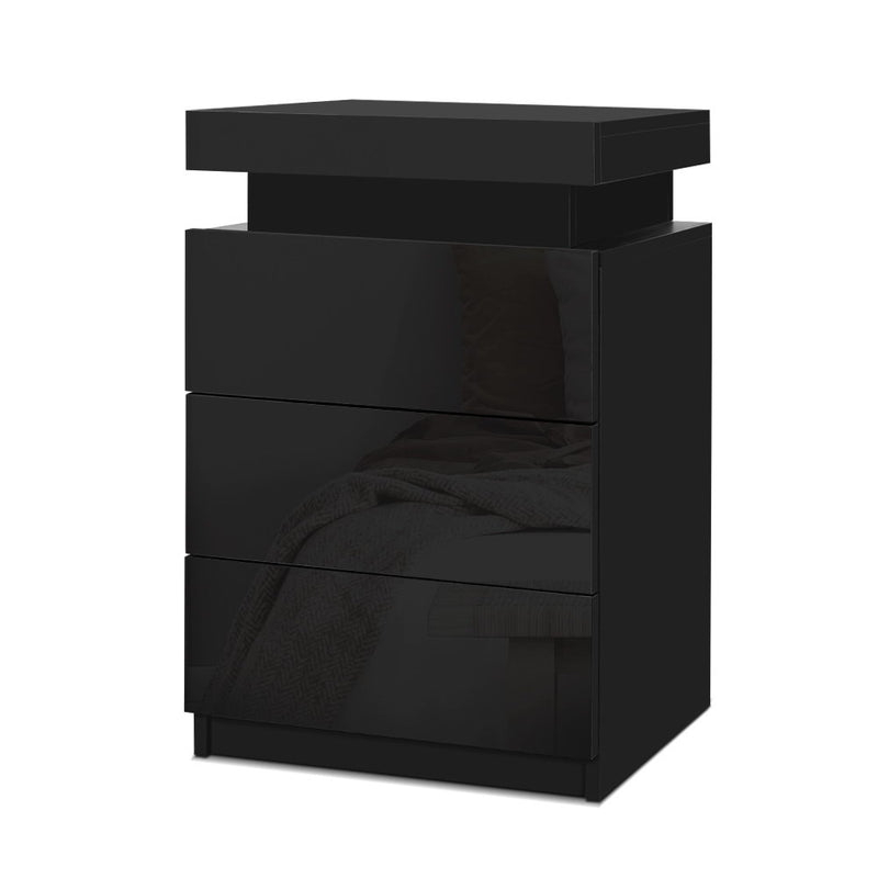 Artiss Coley 3-drawer LED Bedside Table Black