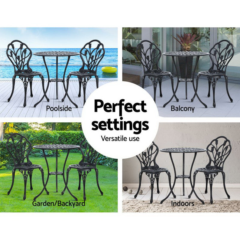 Gardeon 3PC Outdoor Setting Cast Aluminium Bistro Table Chair Patio