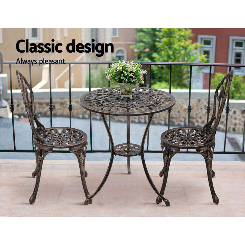 Gardeon 3PC Outdoor Setting Cast Aluminium Bistro Table Chair Patio