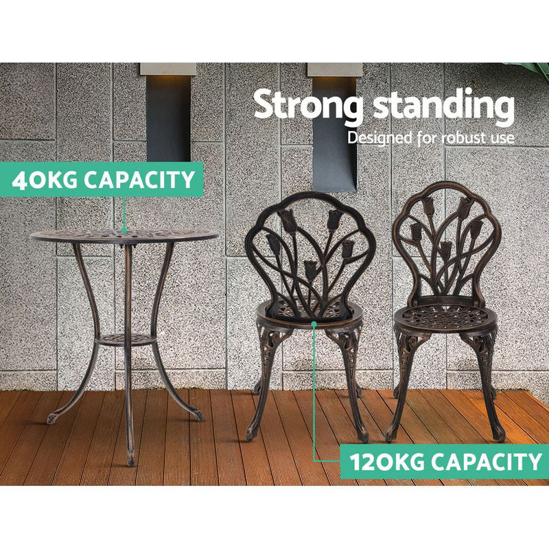 Gardeon 3PC Outdoor Setting Cast Aluminium Bistro Table Chair Patio