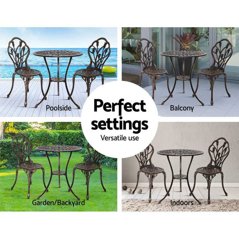 Gardeon 3PC Outdoor Setting Cast Aluminium Bistro Table Chair Patio