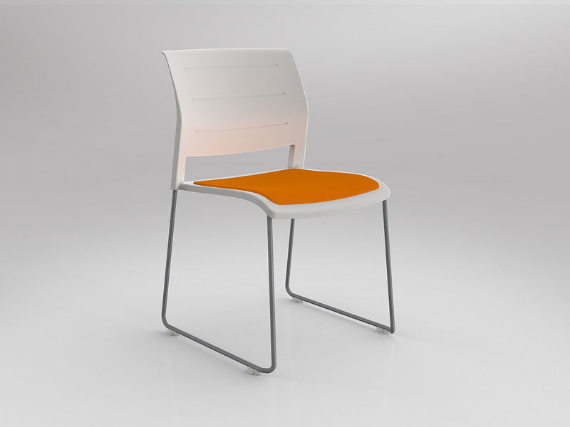 Game Sled leg Chair (Upholstered Seat) White Bright Orange Silver Powdercoat