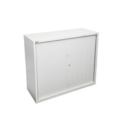 Rapidline 900W GO Tambour Door Cupboard With Shelvess 1016mm H x 900mm W x 473mm D White 2 Shelves