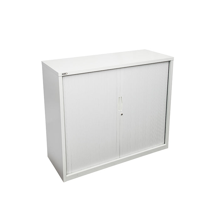 Rapidline 900W GO Tambour Door Cupboard With Shelvess 1016mm H x 900mm W x 473mm D White 2 Shelves