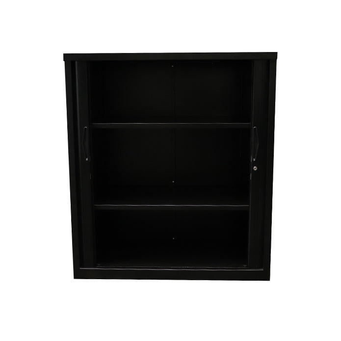 Rapidline 900W GO Tambour Door Cupboard With Shelvess 1016mm H x 900mm W x 473mm D Black 2 Shelves
