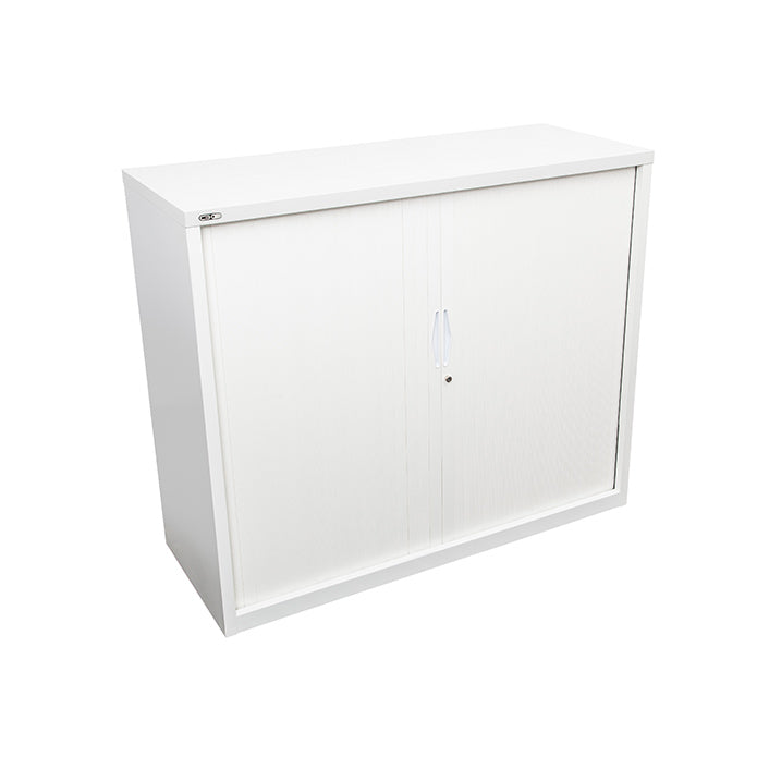 Rapidline 900W GO Tambour Door Cupboard With Shelvess 1200mm H x 900mm W x 473mm D White 2 Shelves