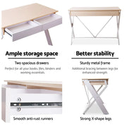 Artiss Metal Computer Study Desk with Drawer - White with Oak Top