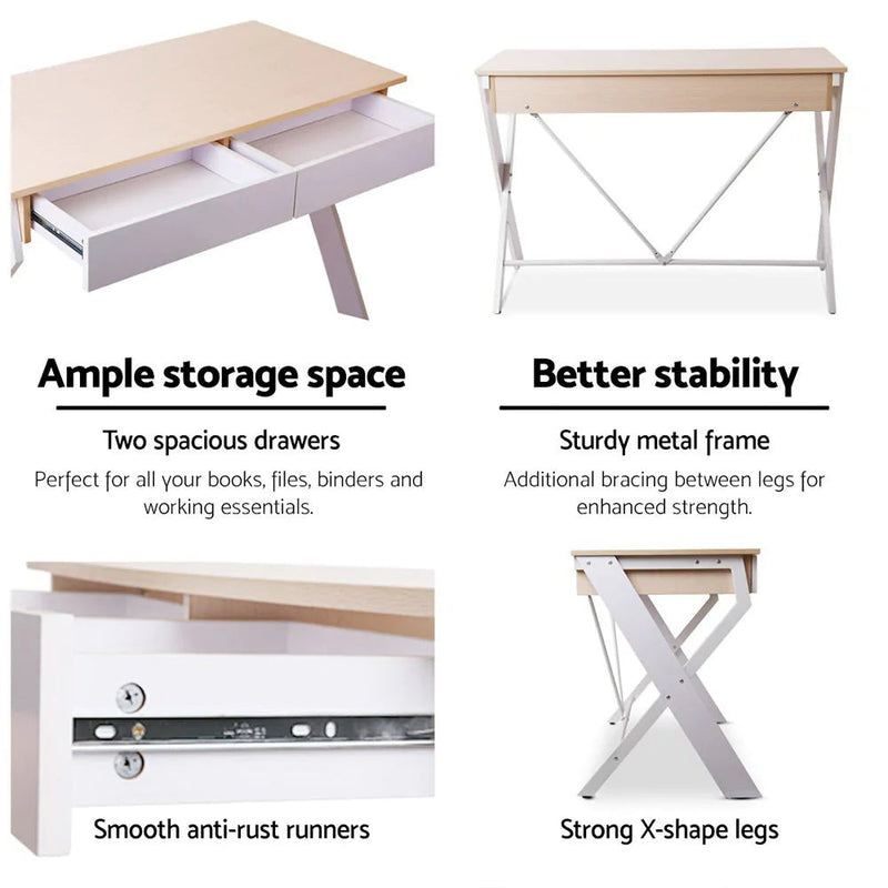 Artiss Metal Computer Study Desk with Drawer - White with Oak Top