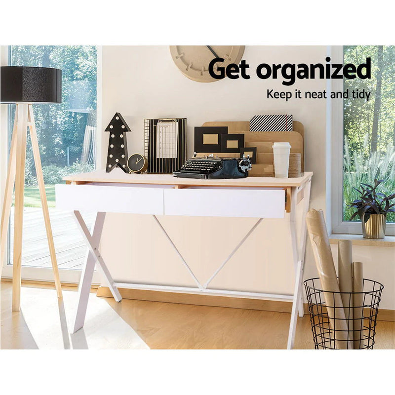 Artiss Metal Computer Study Desk with Drawer - White with Oak Top