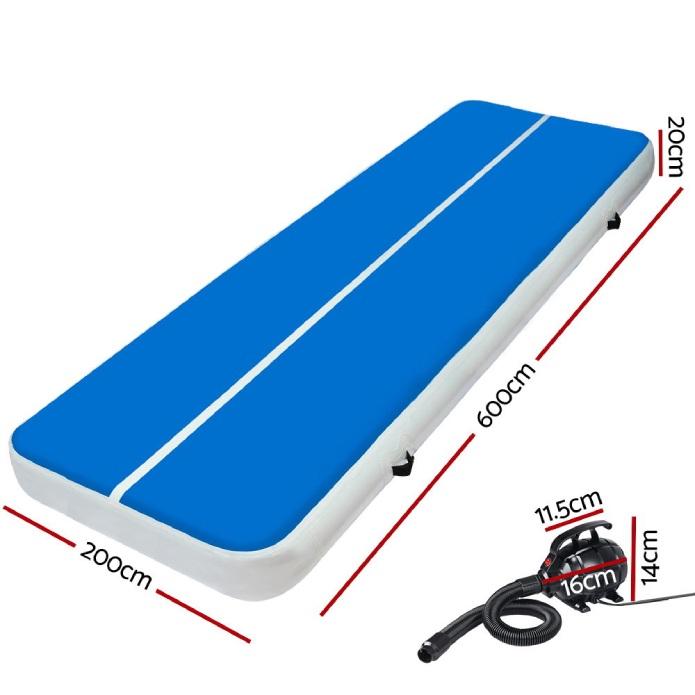 Everfit Inflatable Air Track Mat 20cm Thick With Pump Tumbling Gymnastics Blue