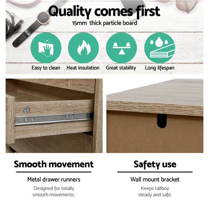 Artiss 6 Chest of Drawers Tallboy Dresser Table Storage Cabinet Oak Bedroom