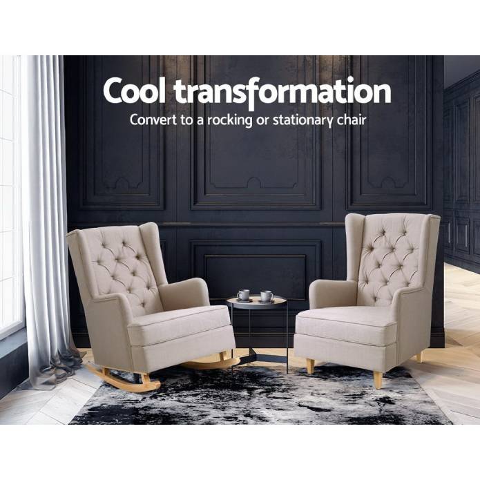 Artiss Rocking Armchair Feedining Chair Fabric Armchairs Lounge Recliner Beige