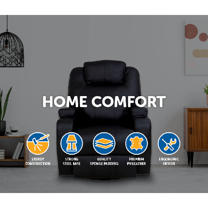 Massage Sofa Chair Recliner 360 Degree Swivel PU Leather Lounge 8 Point Heated