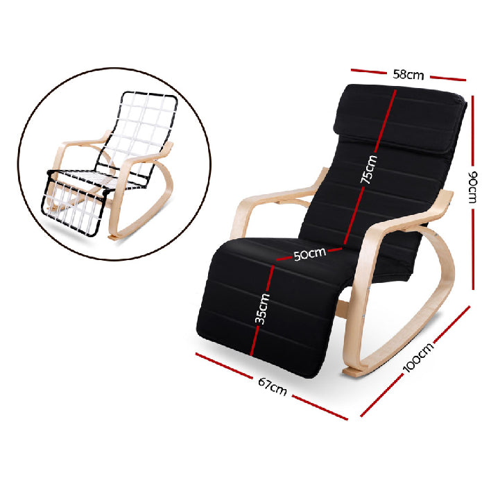 Artiss Fabric Rocking Armchair with Adjustable Footrest - Black