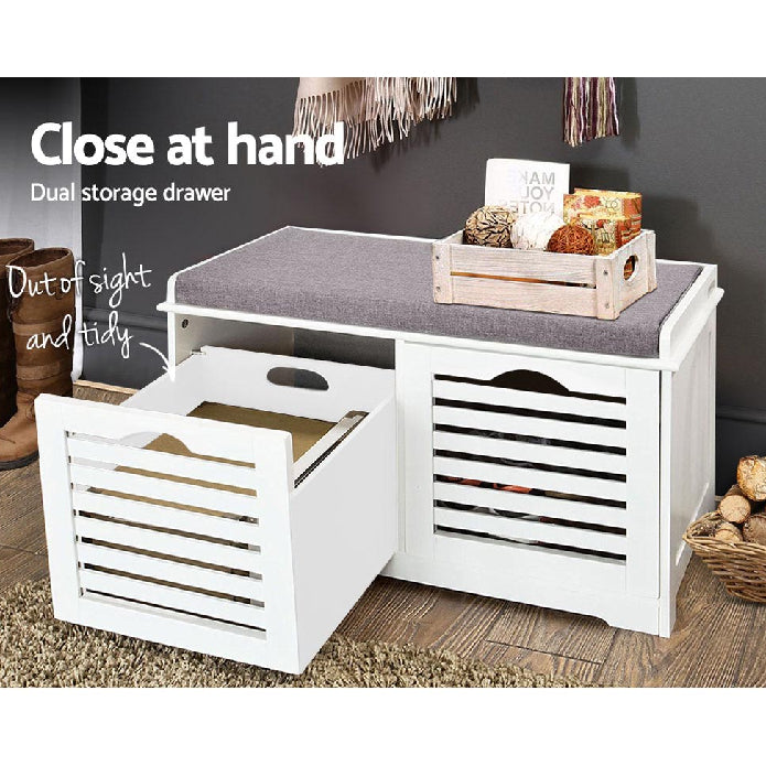 Artiss Fabric Shoe Bench with Drawers - White & Grey