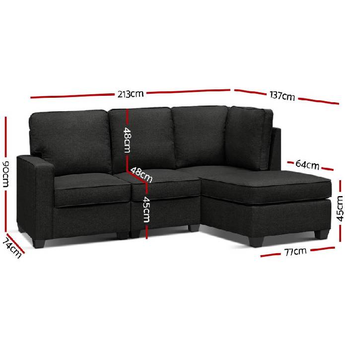 Artiss Sofa Lounge Set 4 Seater Modular Chaise Chair Couch Fabric Dark Grey