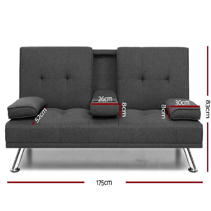 Artiss Linen Fabric 3 Seater Sofa Bed Recliner Lounge Couch Cup Holder Futon Dark Grey