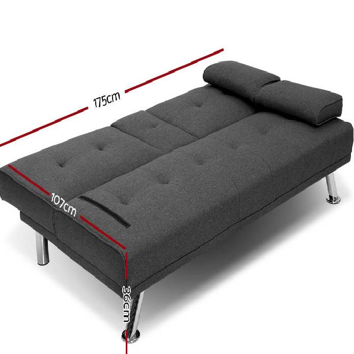 Artiss Linen Fabric 3 Seater Sofa Bed Recliner Lounge Couch Cup Holder Futon Dark Grey