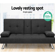 Artiss Linen Fabric 3 Seater Sofa Bed Recliner Lounge Couch Cup Holder Futon Dark Grey