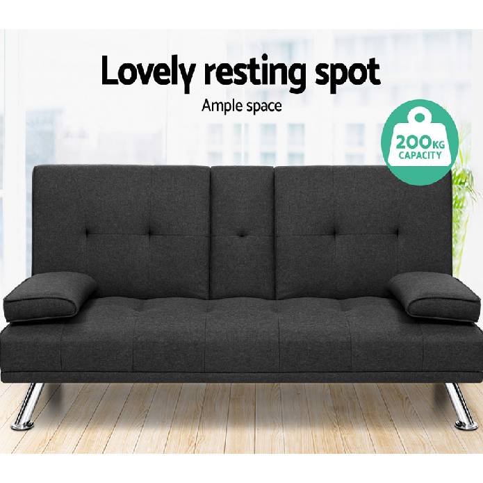 Artiss Linen Fabric 3 Seater Sofa Bed Recliner Lounge Couch Cup Holder Futon Dark Grey