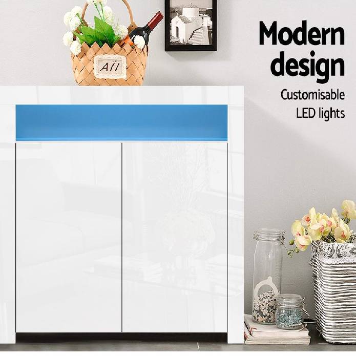 Artiss Buffet Sideboard Cabinet LED High Gloss Storage Cupboard 2 Doors White