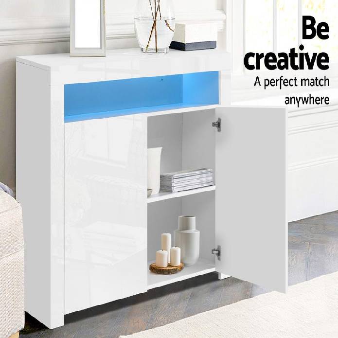Artiss Buffet Sideboard Cabinet LED High Gloss Storage Cupboard 2 Doors White