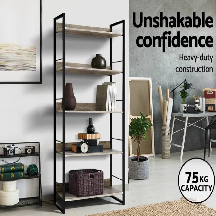 Artiss Bookshelf Wooden Display Shelves Bookcase Shelf Storage Metal Wall Black