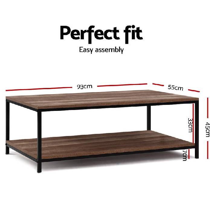 Artiss Coffee Table Wooden Rustic Vintage Storage Shelf Metal Frame Black
