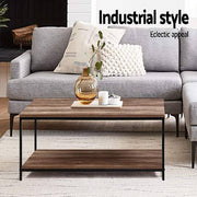 Artiss Coffee Table Wooden Rustic Vintage Storage Shelf Metal Frame Black