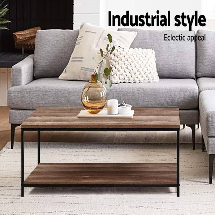 Artiss Coffee Table Wooden Rustic Vintage Storage Shelf Metal Frame Black