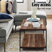 Artiss Coffee Table Wooden Rustic Vintage Storage Shelf Metal Frame Black