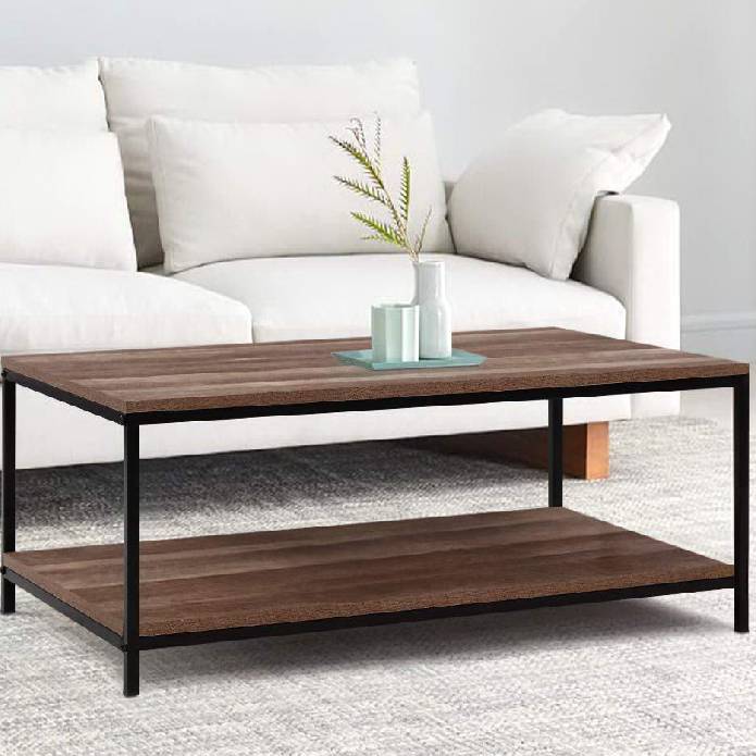 Artiss Coffee Table Wooden Rustic Vintage Storage Shelf Metal Frame Black