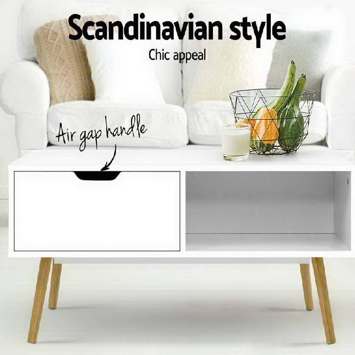 Artiss Coffee Table Storage Drawer Open Shelf Wooden Legs Scandinavian White