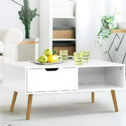 Artiss Coffee Table Storage Drawer Open Shelf Wooden Legs Scandinavian White