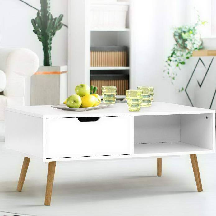 Artiss Coffee Table Storage Drawer Open Shelf Wooden Legs Scandinavian White