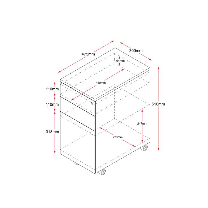 Rapidline 3 Drawer Slimline Steel Mobile Pedestal