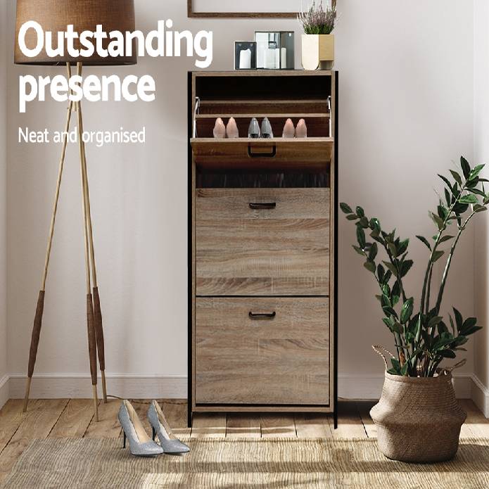 Artiss Shoe Cabinet Shoes Storage Rack Wooden Organiser Up to 24 Pairs Shelf Cupboard Metal Frame