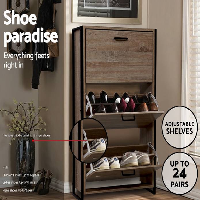 Artiss Shoe Cabinet Shoes Storage Rack Wooden Organiser Up to 24 Pairs Shelf Cupboard Metal Frame