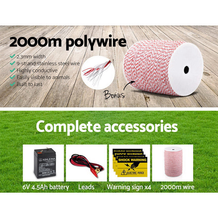Giantz Solar Electric Fence Energiser with 2000M Poly Fencing Wire Tape