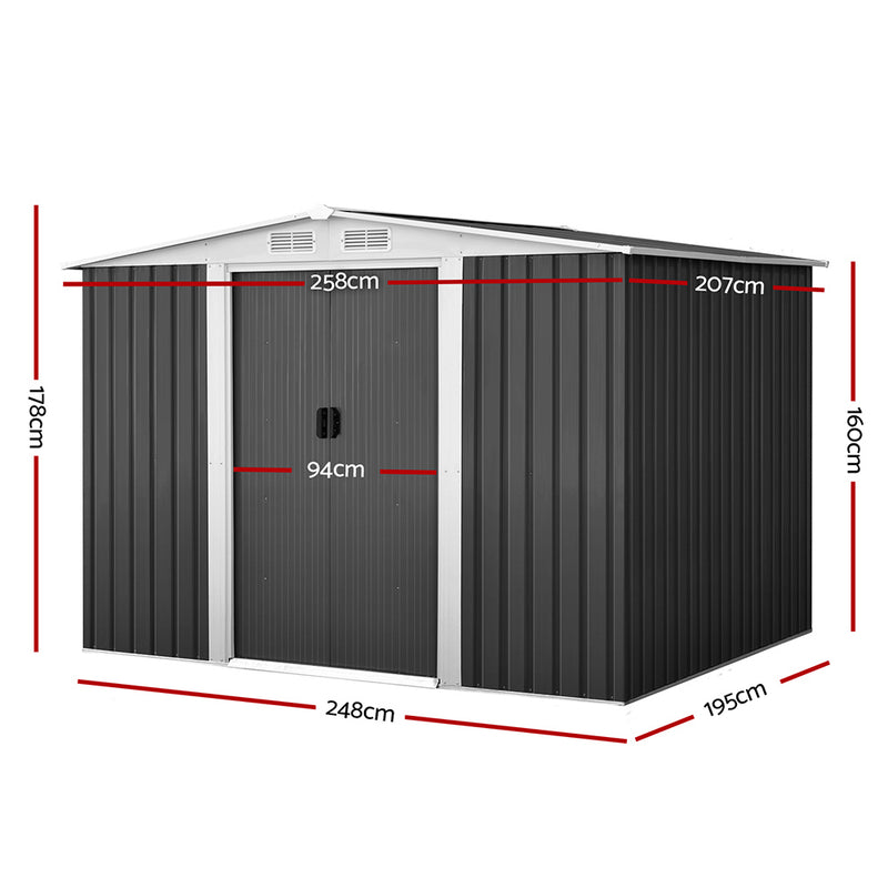 Giantz 2.05 x 2.57m Steel Garden Shed with Roof - Grey