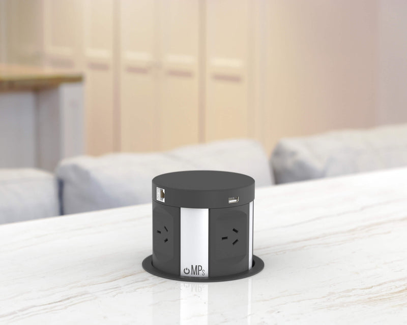 Quad-Sided, Pop Up Power Point w/ 2x USB, 1x HDMI, 1x RJ45 & Qi Standard Black